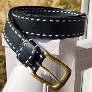 Black Genuine Leather White Stitching Unisex Belt Brass Buckle India Size L